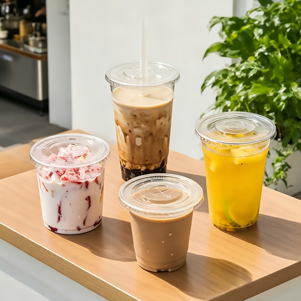 plastic coffee cups filled with drinks are placed on the bar counter. PET cups are suitable for juice shops, coffee shops, soft drink shops, and bubble tea shops.
