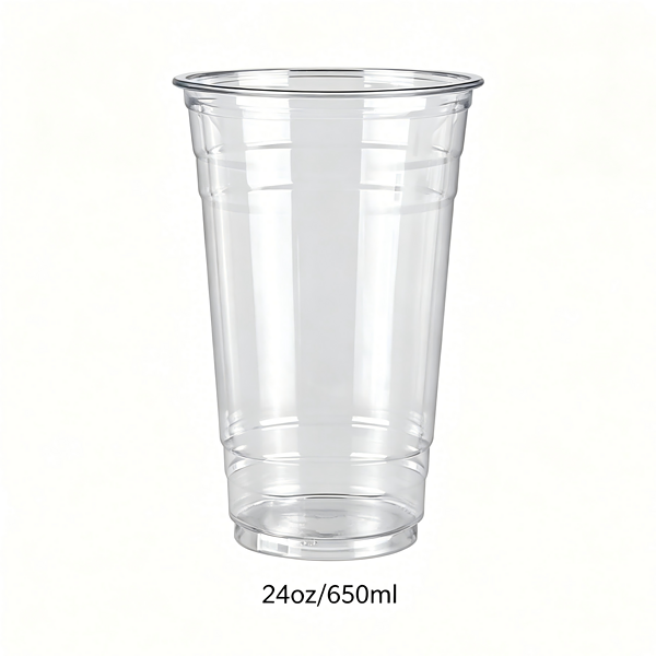 Clear plastic cup with 24oz/650ml capacity, suitable for beverages and drinks.