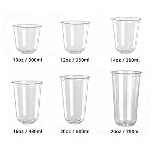 plastic coffee cups filled with drinks are placed on the bar counter. PET cups are suitable for juice shops, coffee shops, soft drink shops, and bubble tea shops.