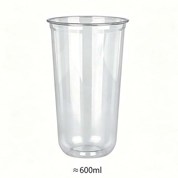 Transparent plastic cup with 600ml capacity, ideal for beverages.