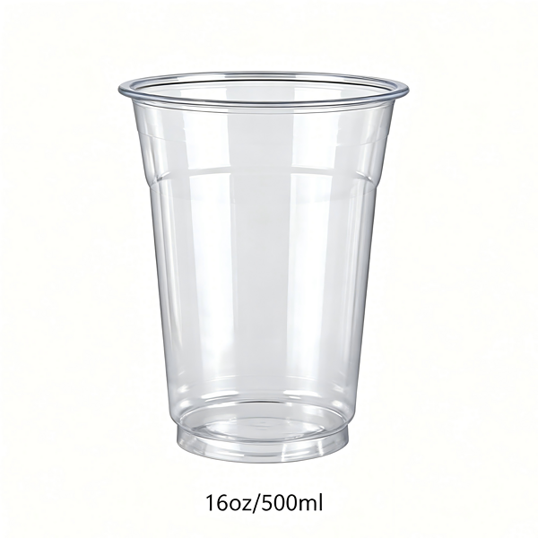 Clear plastic cup with 16oz/500ml capacity, suitable for beverages and drinks.