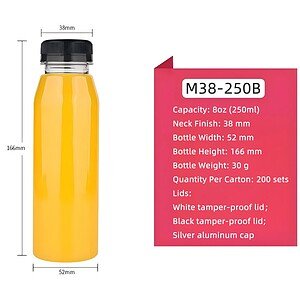Custom pet plastic bottle with black tamper-proof lid for beverages or supplements.