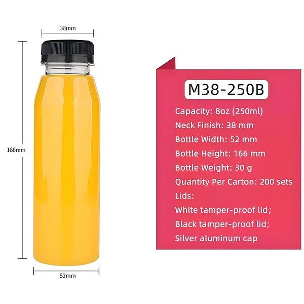 Custom pet plastic bottle with black tamper-proof lid for beverages or supplements.