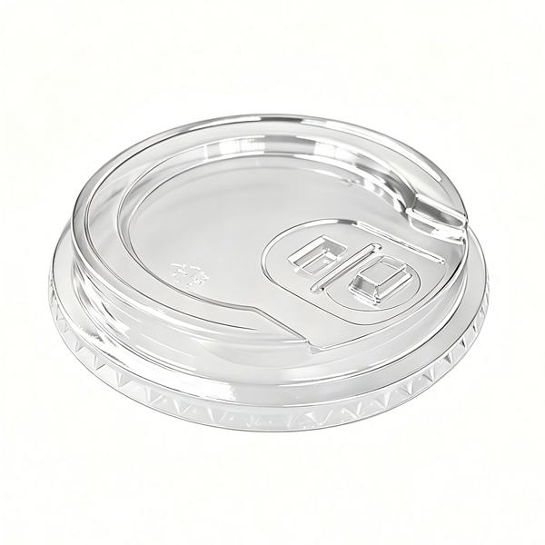 Transparent plastic coffee cup lid with embossed logo, suitable for hot beverages.