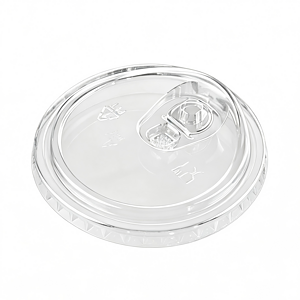 Transparent plastic bottle cap with easy-open tab for beverages and liquids.