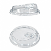 Transparent plastic coffee cup lid with straw opening for hot beverages.
