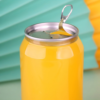 Clear PET soda can with easy-open tab on colorful background.