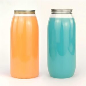 Colorful plastic bottles with silver lids on white background.
