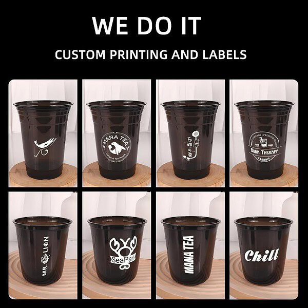 Custom printed black plastic cups with various logos and designs for beverages.