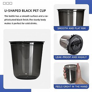 U-shaped black PET cup with smooth surface and sturdy body for cold drinks.