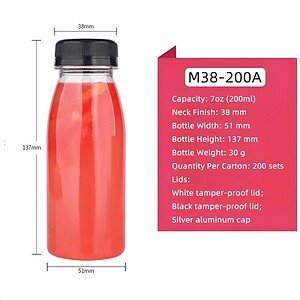 Clear plastic bottle with black tamper-proof lid and silver aluminum cap, 7oz capacity.