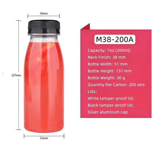 Clear plastic bottle with black tamper-proof lid and silver aluminum cap, 7oz capacity.