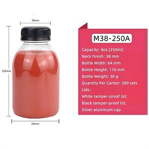Clear PET bottle with black tamper-proof cap, 8oz capacity, ideal for liquids.