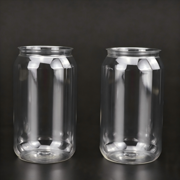 Clear plastic cans with easy-open lids for packaging and storage.