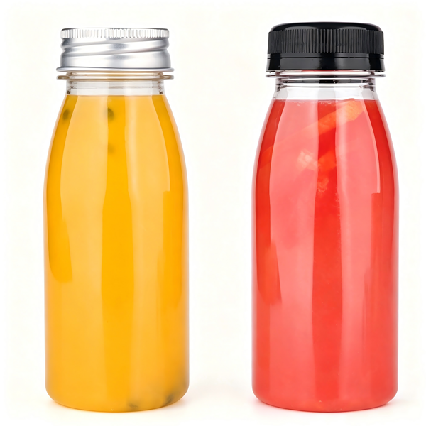 Clear plastic bottles with colorful liquids, suitable for beverages or supplements.