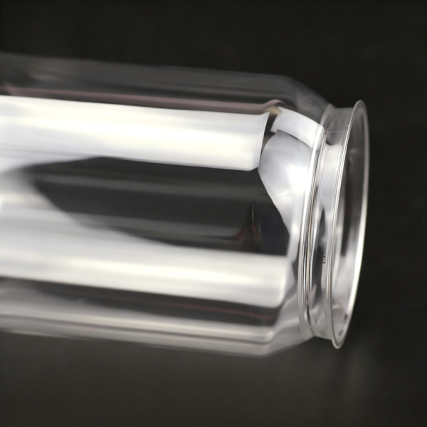 Clear plastic can with aluminum easy-open lid for beverages or products.