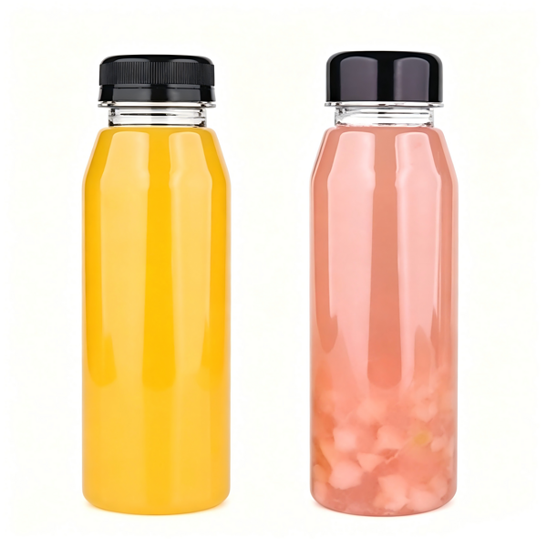 An 8oz (250ml) BPA-free square PET plastic bottle is filled with juice or other beverages.