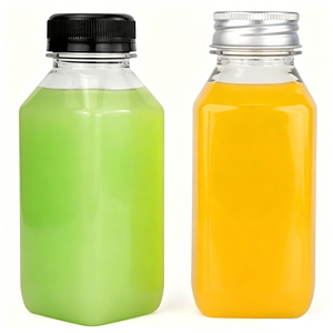Green and yellow plastic bottles with screw caps for packaging liquids.