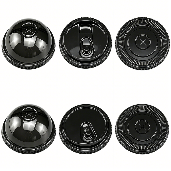Black plastic cup lids with different sealing designs, suitable for plastic coffee cups, milk tea cups, and PET cold cups.