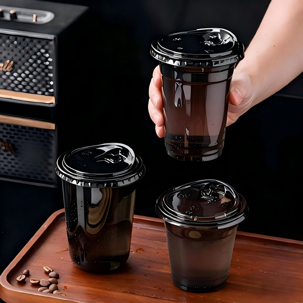 black plastic cups filled with drinks are placed on the bar counter. PET cups are suitable for juice shops, coffee shops, soft drink shops, and bubble tea shops.