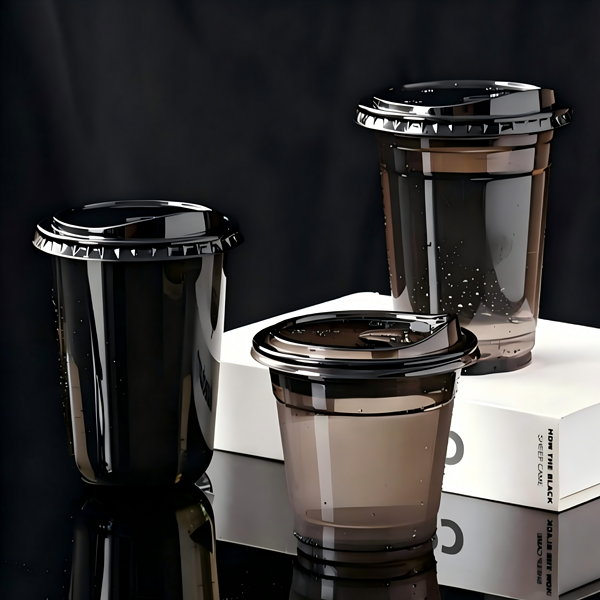 black plastic cups filled with drinks are placed on the bar counter. PET cups are suitable for juice shops, coffee shops, soft drink shops, and bubble tea shops.