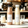 Clear plastic bottles with coffee and milk on a cafe table.