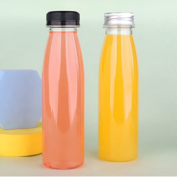 Clear plastic bottles with black and silver caps for beverages or liquids.