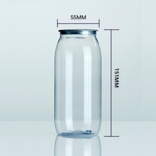 Clear 55mm diameter glass jar with 151mm height for beverages or storage.