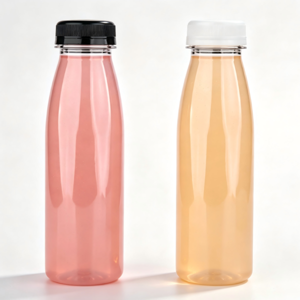 Clear plastic bottles with black and white caps for beverages or liquids.