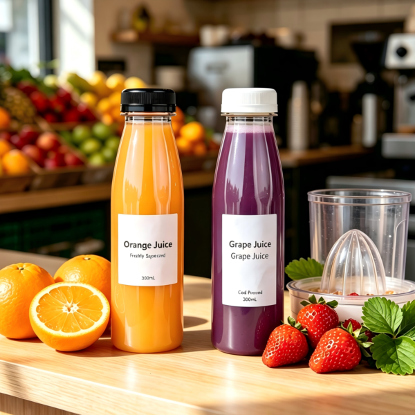 Clear plastic bottles of orange and grape juice on a wooden table with fresh fruit.