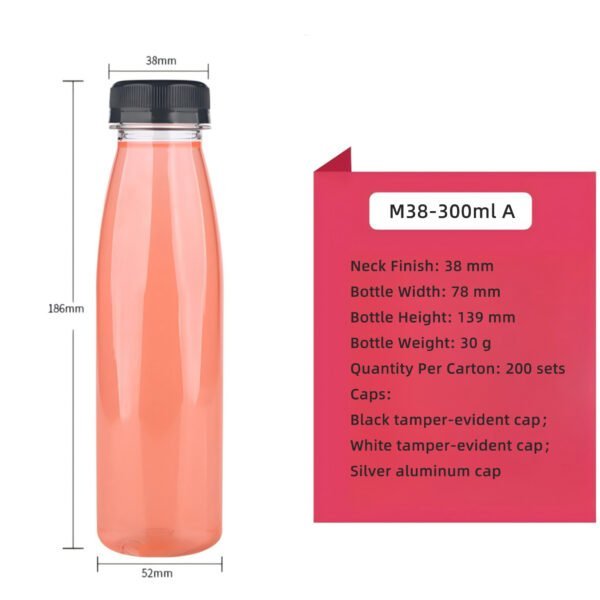 Clear plastic 300ml juice bottle with black tamper-evident cap.