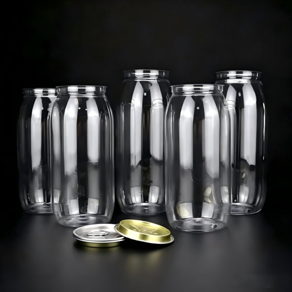 Clear glass jars with metal lids on black background.