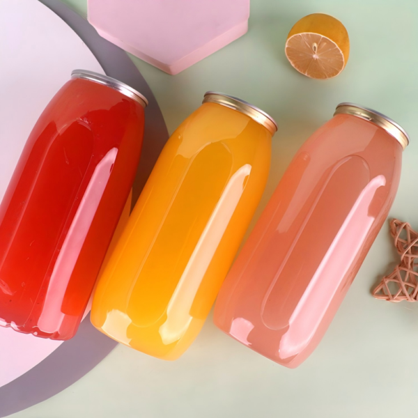 Colorful glass jars with metal lids on pastel background.