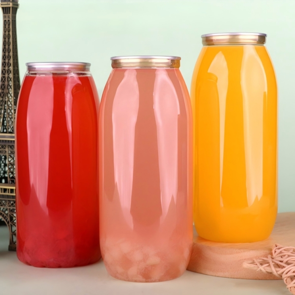 Colorful glass and plastic bottles for beverages and packaging.