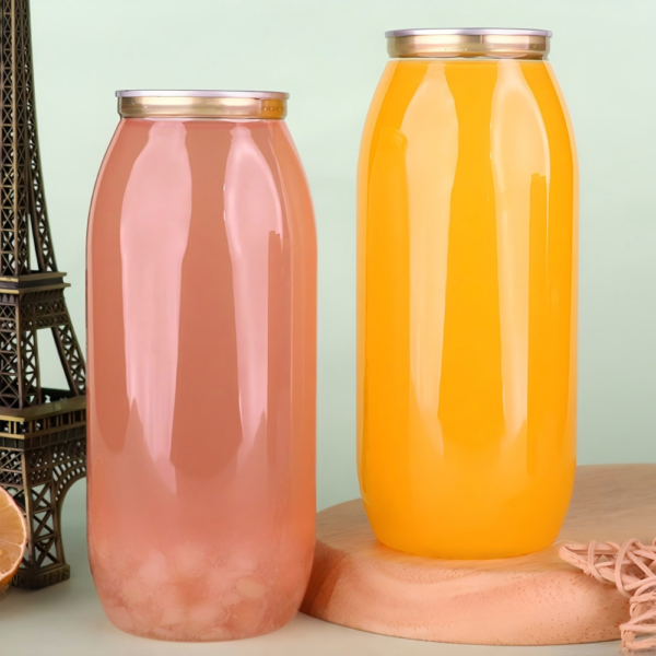 Colorful glass and plastic bottles with metal lids on a pastel background.