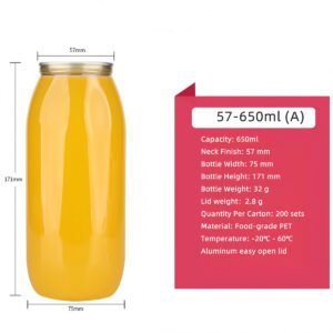 Clear 650ml PET soda can with easy open lid and detailed dimensions.