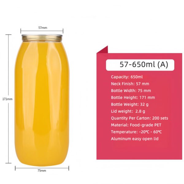 Clear 650ml PET soda can with easy open lid and detailed dimensions.