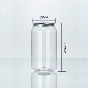 Clear PET soda can with easy open lid, 355ml capacity, 55mm diameter, 122mm height.