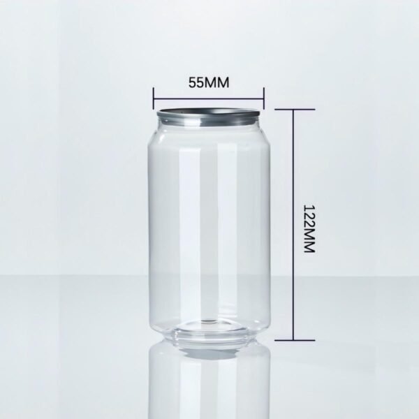 Clear PET soda can with easy open lid, 355ml capacity, 55mm diameter, 122mm height.