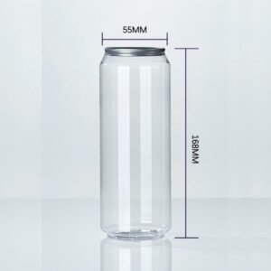 Clear 500ml PET soda can with easy open lid, 55mm diameter, 168mm height.