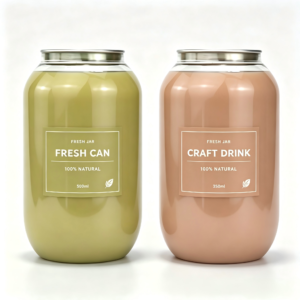 Two glass jars with labels for fresh can and craft drink, 500ml and 350ml capacity.