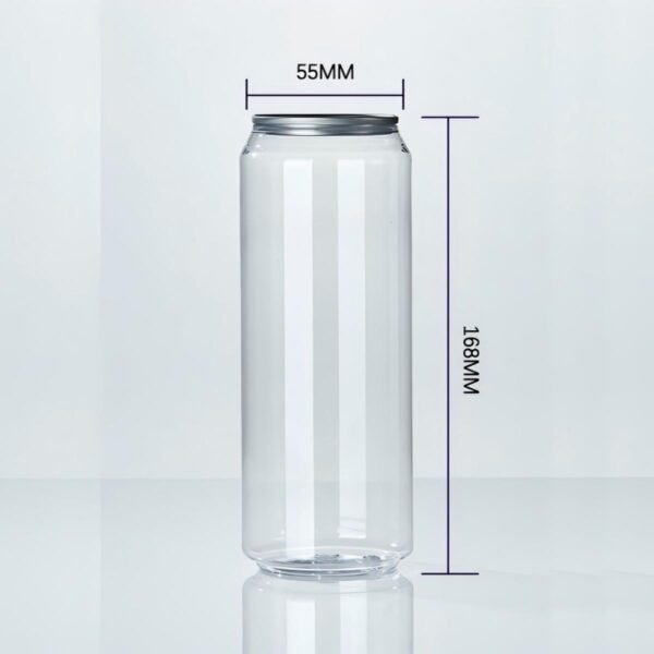 Clear 500ml PET soda can with easy open lid, 55mm diameter, 168mm height.