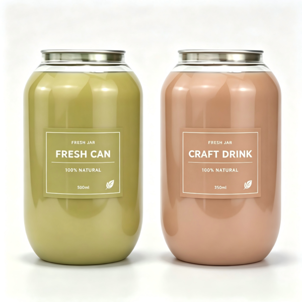 Two glass jars with labels for fresh can and craft drink, 500ml and 350ml capacity.