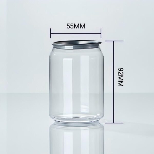 Clear PET jar with metal lid, 55mm diameter, 92mm height for packaging.