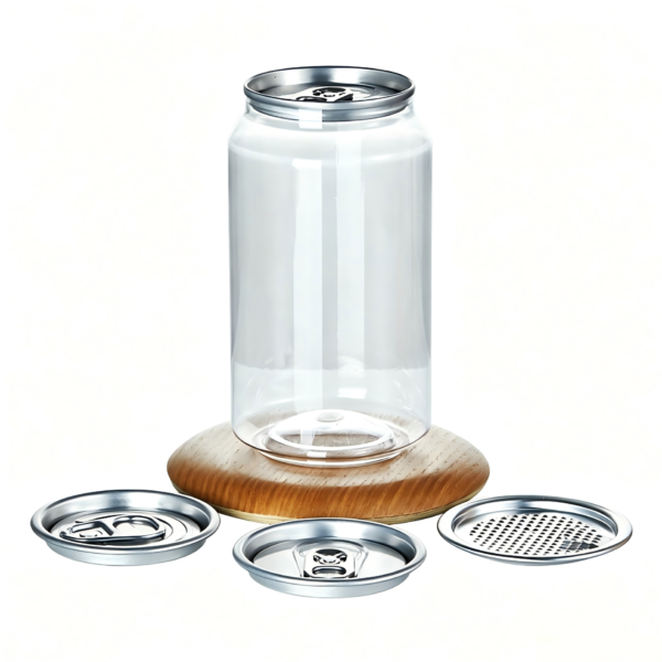 Clear PET soda can with easy open lid on wooden stand with additional lids.