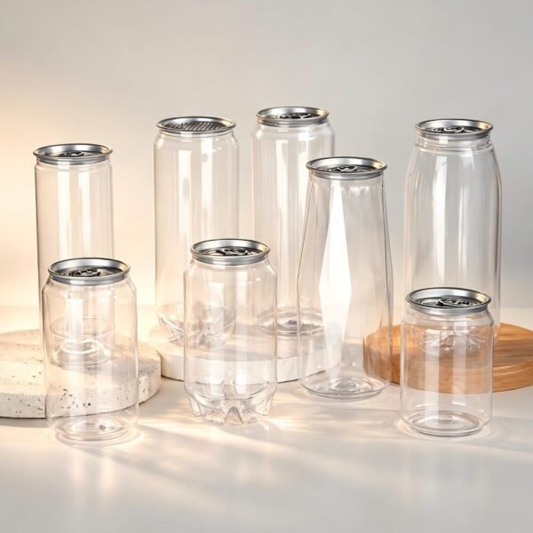 Clear empty PET soda cans with easy open lids displayed on a table.