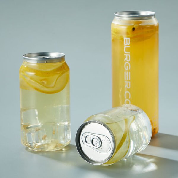 Clear PET soda cans with lemon slices and ice, easy open lid design.