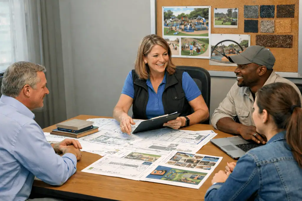 Four people sit around a wooden conference table, engaged in a collaborative planning meeting. In the center, a woman in a blue polo and black vest smiles while holding a clipboard and pointing toward large architectural blueprints spread across the table. To her left, a man in a light blue button-down shirt listens intently, while to her right, a man in a grey baseball cap and a woman in a denim jacket participate in the conversation.