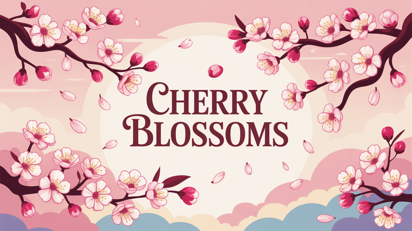 Stylized cherry blossom branches with pink and white petals falling