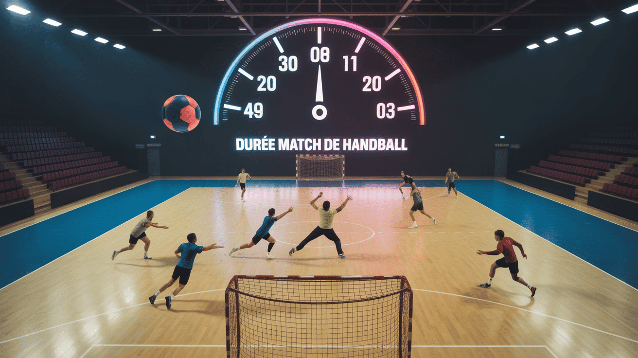 vue du terrain durée match handball joueurs en action